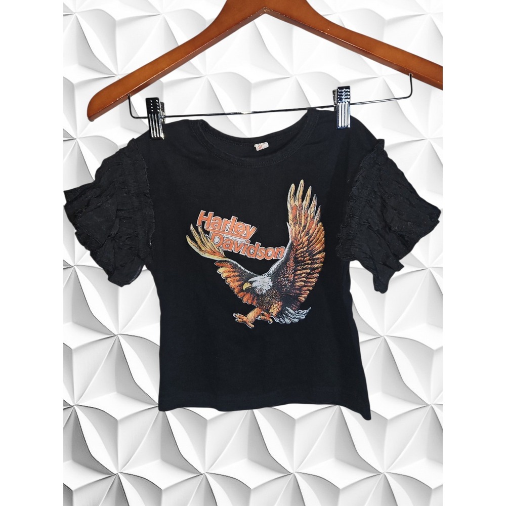 Harley Davidson Kids Black Eagle Graphic T-Shirt Ruffle Mesh Sleeve Size S 100cm